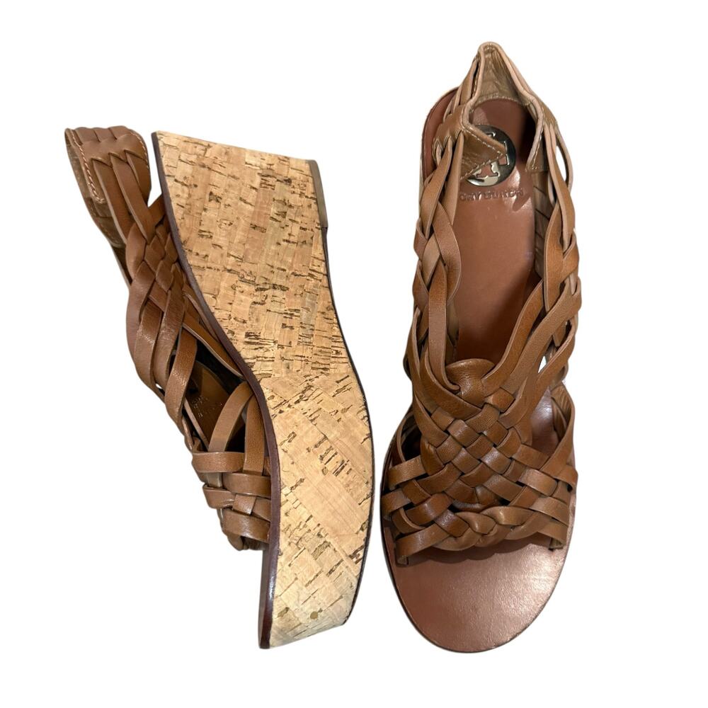 Tory Burch Killian Brown Leather Strappy Woven Cork Platform Wedge Sandals 9.5